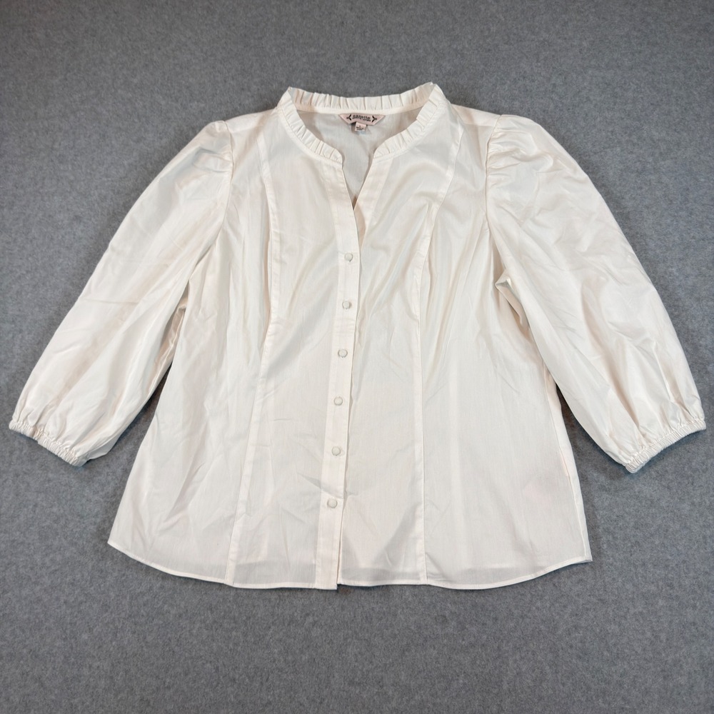 Nanette Lepore Blouse Womens L White Ruffle Neck Button Up Puff Sleeve Office